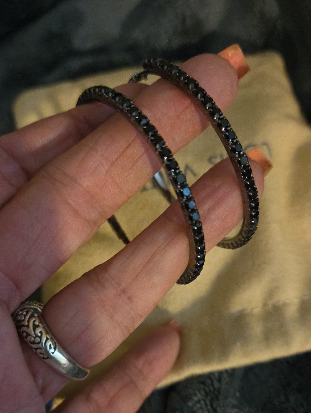 New!L Black Crystal Hoop Earrings,silver plate,Aprox.size of a silver dollar!